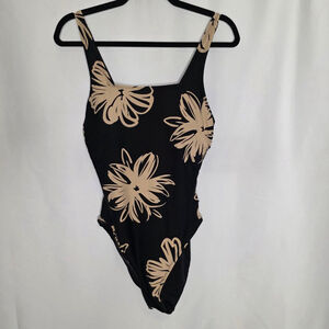 Women's Unbranded Black & Beige Floral One Piece Swimsuit Medium?